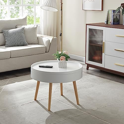[en.casa] Table Basse avec Plateau Amovibe Table d'Appoint avec Surface Lisse Compartiment de Rangement Fermé Bout de Canapé Table de Chevet Ronde MDF Bois de Pin Flanelle 45 x 60 cm Blanc Naturel