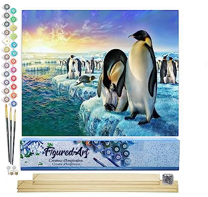 Figured'Art Peinture par Numéro Adulte Pingouins sur la banquise - Activité Manuelle Kit de Loisir Créatif DIY Numéro d'Art Complet - 40x50cm avec châssis en bois à monter