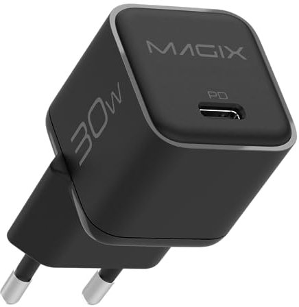 Magix Caricatore 30W NANO, Caricabetterie USB-C GaN PD Power Delivery Per iPhone 15/15 Plus/15 Pro/15 Pro Max, 14/13/12-Mini/Pro/Pro Max/SE, AirPods Pro, iPad Pro, Galaxy(EUR PLUG)(NERO)