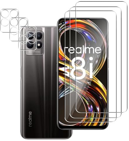 Hxiclrm 3+3 Piezas Protector Pantalla para Realme 8i con 3 Piezas Protector de Lente de Cámara, Cristal Templado 9H Dureza, Ultra HD Vidrio, Antiarañazos, Sin Burbujas