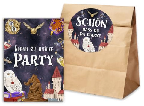 Nastami 10 x Einladungskarten Kindergeburtstag + 10 Tüten inkl. Sticker Mitgebsel Kindergeburtstag (Zauberer)