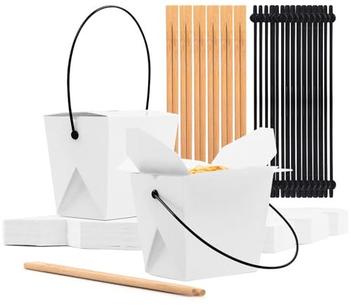 Nsmykhg Cajas chinas para llevar, juego de 50 recipientes de alimentos de 16 onzas, palillos desechables de papel, cubos de alimentos chinos con mango de alambre de metal, para comidas frías y