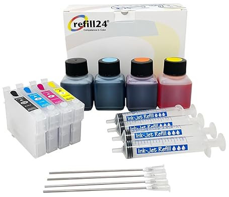refill24 Selbstbefüllbare Druckerpatronen, kompatibel mit 604/604XL, Expression Home XP- 2200, 2205, 3200, 3205, 4200, Workforce WF- 2910, 2930, 2835, 2950 + Tinte 200 ml