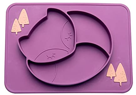 XUCHIL Kinderschüssel Baby Food Bowl Food Grade Silikon-Fütterungsschale Essgut-Platte Massiv Cartoon Fuchs-Gerichte Saug-Toddle-Training Geschirr-Kind Kinder Teller (Color : Purple)