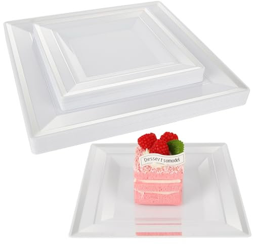 YOUNTHYE 50 platos de plástico, platos cuadrados blancos de 6.5 + 9 pulgadas con borde plateado, platos blancos irrompibles para fiestas, platos de comedor de plástico para deshierbar, fiesta de