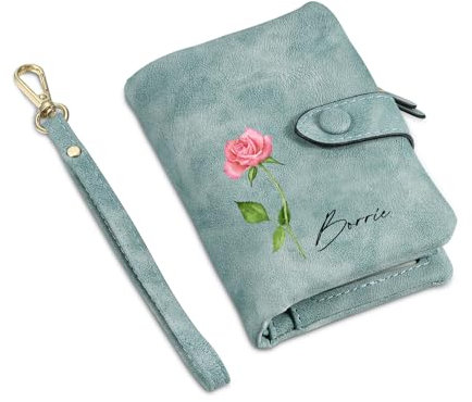 Wamantic Portefeuille Personnalisé Femme Portefeuille Personnalisé avec Nom et Fleur de Naissance Porte Monnaie Court en Cuir PU Portefeuille Petit Format Compact avec 16 Emplacements Cartes(Vert)