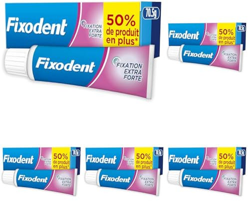 Fixodent Crème Fixative Original, Adhésive Pour Prothèses Dentaires, Fixation Extra Forte, Bouclier Antibactérien, Menthe Douce, 70.5g (Lot de 5)
