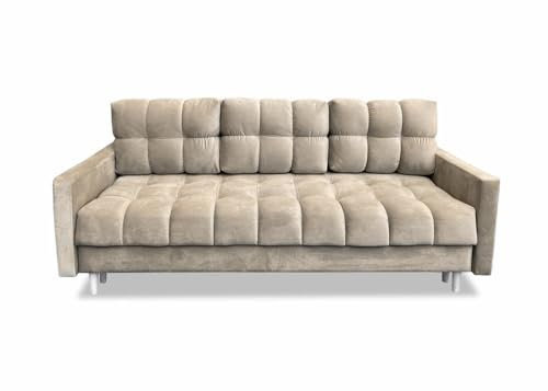 Meble Ares Stilvolles Sofa 3-Sitzer Rocco Mit Schlaffunktion und Bettkasten - Praktisches Ausziehbares Schlafsofa Mit Gesteppten Seiten - Weiße Füße, Velours - Beige