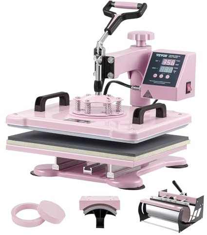 VEVOR Hitzepresse, 12 x 15 Zoll, 5-in-1-Wärmeübertragungsmaschine mit 30-oz-Tumbler-Presse, 360° wegschwenkbares T-Shirt-Pressen, digitale präzise Steuerung, für T-Shirts/Tassen/Hüte/Teller, Rosa