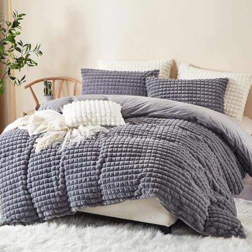 Freyamy Winter Bettwäsche 135x200 Grau Kunstfell Flanell Winterbettwäsche | Plüsch Bettwäsche Fleece,Samt Biber Bettwäsche Warme, 2teilig, ÖKO-TEX Bettbezug mit Reißverschluss und 1 Kissenbezug 80x80cm