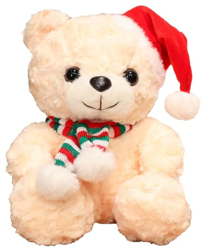 Irunfast 9.8/25CM Christmas Teddy Bear Plush Toy, Beige Soft Christmas Stuffed Animal Teddy Bears whit Christmas Hat and Scarves Cute Christmas Teddy Plush Toys for Xmas Gifts Home Decor