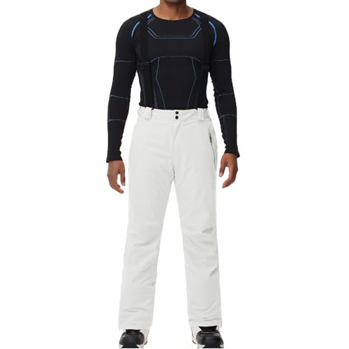ALSOGO Herren Skihose wasserdichte Winddichte Winter Schneehose Outdoor Snowboardhose mit Abnehmbar Träger Weiß L