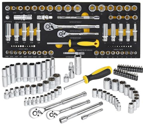 TOPLINE 79-Piece 1/4” & 3/8”Drive Impact Socket Wrech Set, 6-Point Socket Set, Metric, SAE CR-V Sockets with EVA Foam Tray for Bench Storage, Deep & Standard Mechanic Tool Set for Home Maintenance