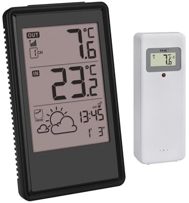 TFA Dostmann Funk Wetterstation inkl Außensender, 35.1170.01, Wettervorhersage und Trendanzeige, Funkuhr mit Datum, mit Innenthermometer, 433 MHz, 100m Reichweite, klein, innen und außen, schwarz