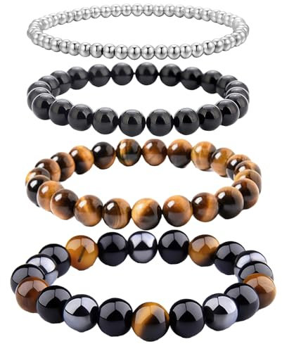 4 Stück Naturstein Edelstein Armband,Tigerauge Armband,Naturstein Armband Herren Armband,Damen Armband,Rundes Perlenarmband,für Männer und Damen Schmuck Geschenke(4MM/6MM/8MM/10MM)