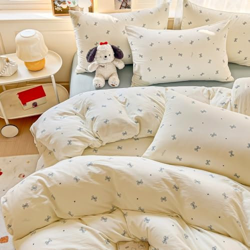 Nayoroom Bettwäsche 135x200 Beige Blau Herzen Schleifen Kawaii Style Weiche Bettbezug 2teilig Aesthetic Cute Herzchen Mädchen Mikrofaser Bettwäsche-Sets mit Reißverschluss und 1 Kissenbezug 80x80 cm
