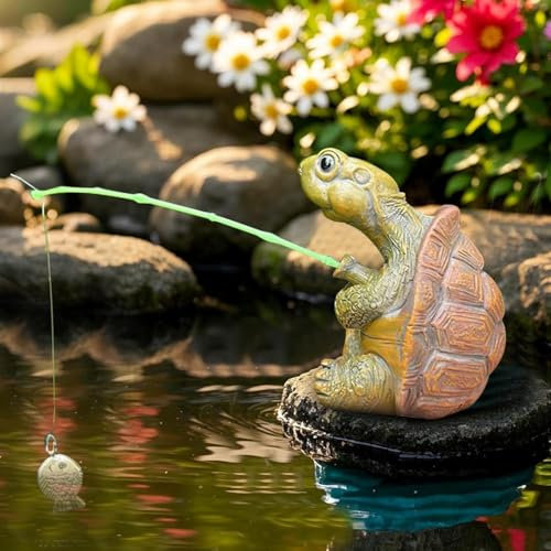 Generisch Realistische Angler Figur aus Harz, Wetterfeste Gartenteich-Deko für Mini-Teich & Landschaftsgestaltung, Lustige Gartenstatue für Draußen, Perfekt als Geschen (Turtle)