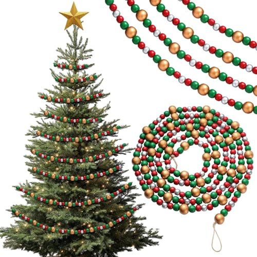 Briwooody 8,2 m Lange Weihnachts-Holzperlen-Girlande, 3 Stück, 2,7 m, Weihnachtsbaumgirlande, Dekoration, Vintage-Perlen-Girlanden für Weihnachten, Hochzeit, Urlaub, Bauernhaus, Zuhause, Boho-Dekor