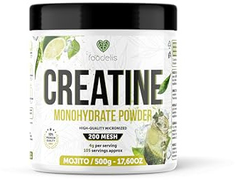 Foodelis Créatine Monohydrate Aromatisée en Poudre – Goût – Créatine Micronisée de Haute Qualité – Sans Sucre Ajouté – Végan – Haute Solubilité – Doseur Inclus (500g, Mojito)