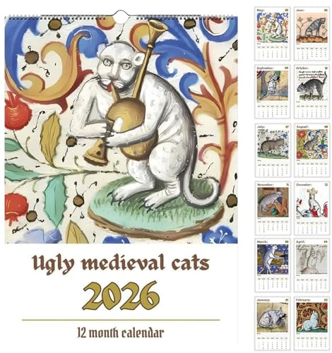 Hässlicher Mittelalterlicher Katzen Kalender 2026 - Lustiger Katzenkalender 2026, Mittelalterlicher Kalender, 12 Monate Lustige Planer Erinnerung Für Katzenliebhaber (A)