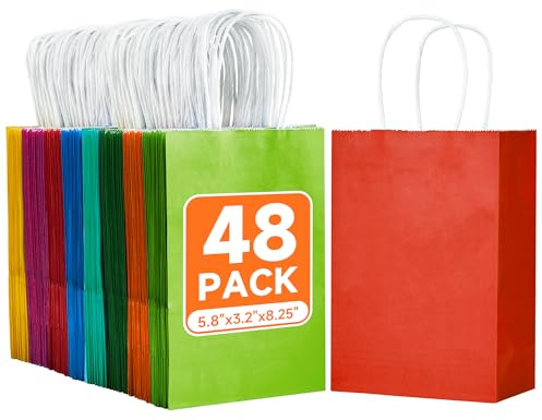 VPACKDUO 48 Stück Geschenktüten Geburtstag, Papiertüten mit Henkel, Regenbogen Geschenktaschen Set, Kleine Geschenktüten Kindergeburtstag15×8×21 cm, Papiertüten für Party, Gastgeschenke (6 Farben)