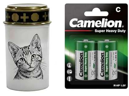 Fachhandel Plus LED Grablicht Katze, batteriebetriebenes Gedenklicht mit flackernder LED Flamme als sicherer Grabschmuck für Tiergrab und Gedenkplatz - ewiges Licht (Weiß, süße Katze)