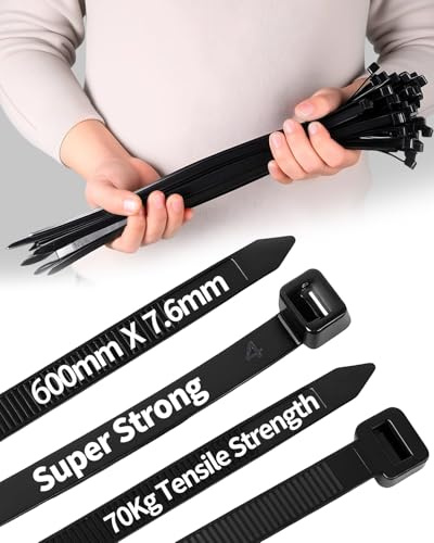 50Pcs Long Heavy Duty Cable Ties Black,600mm x 7.6mm with 70 KGS Ultra Strong Tensile Strength, Large UV Resistant Extra Long Cable Zip Ties Wraps for HVAC Outdoor Construction
