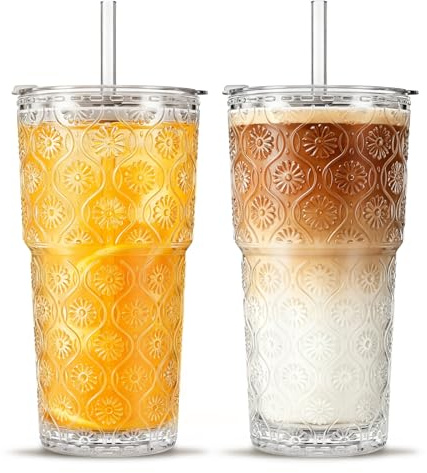 INSETLAN 600ml Begonia Flower Glass Tumbler with Straws and Lids Set of 2 – Thickened Vintage Glass Cups with Lids and Glass Straws for Iced Coffee, Smoothies, Milk, Water, and More – Elegant& Durable