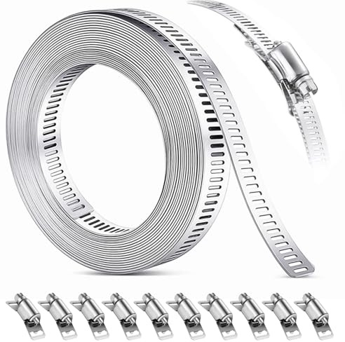Eulihent 5m Collier de Serrage Métallique 304 Collier Serrage Inox avec 10 Pièces Fixation, Kit de Colliers de Serrage Réglable, pour Tuyaux, Gaz, Eau, Voiture, Machine à Laver, Jardin