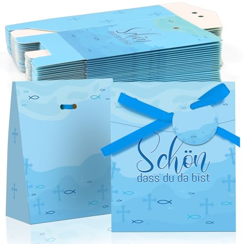 50 Geschenktüten für Taufe mit Dankesaufdruck & Band – Praktische Geschenkverpackung (10x8x4 cm) für Hochzeit, Kommunion & als perfekte Mitgebsel-Tüten für den Kindergeburtstag (Blau)