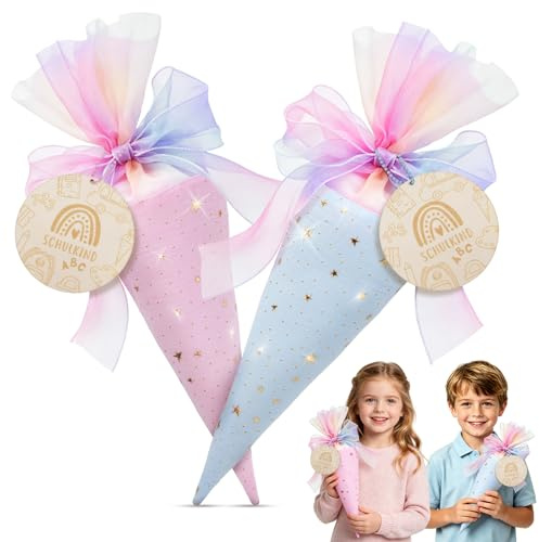 2 Stück Schultüte Mädchen Junge, 45 cm Schultüte Klein zum Befüllen, Geschwistertüte zum Basteln, Mini Zuckertüte mit Holzschild Einschulung Schultüten Geschenkverpackung Schulanfang Geschenk