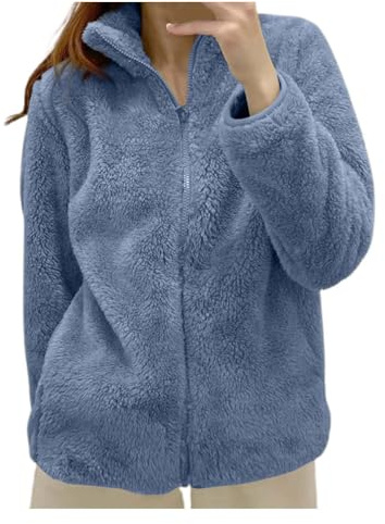 Generico Giacca da Donna Pile Lunga Senza Cappuccio e con Zip Giacche Teddy Versione Loose del Cappotto A Maniche Lunghe Autunno Inverno Caldo Homewear