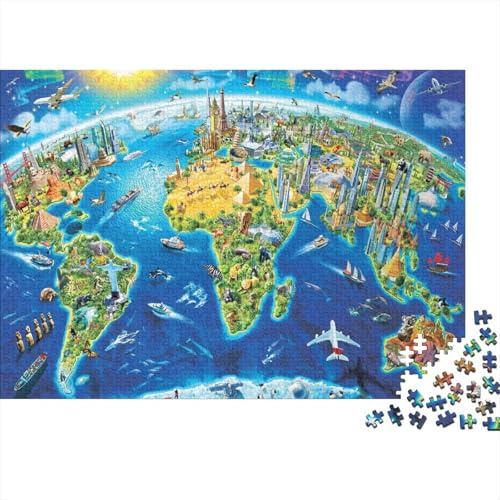 GlobalLandmarksAnimalsTravel Premium Paper Sustainable Unique Colourful Educational Puzzle Jigsaw Puzzle Vibrant World Map Art for Adults 70x50cm/1000pcs