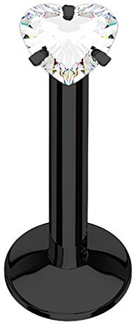 Piercingfaktor® Piercing Stab Stecker für Lippenpiercing Lippe Monroe Labret Lippen Ohr Tragus Helix Stud Cartilage mit Kristall Strass Herz Schwarz 8mm