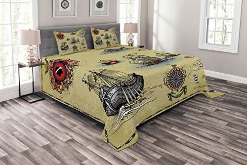 ABAKUHAUS Kompass Tagesdecke Set, Antike Karte Pirat, Set mit Kissenbezügen Sommerdecke, für Doppelbetten 264 x 220 cm, Beige rot-grau