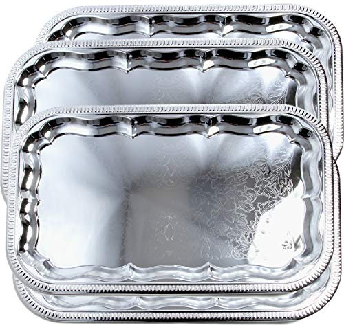 Maro Megastore T227L-4PK Traditionelle rechteckige Zierleiste Blumenmuster Graviert Catering Verchromte Servierplatte Spiegeltablett Teller Geschirr Urlaub Party Servieren (groß) 53,1 x 32,5 cm
