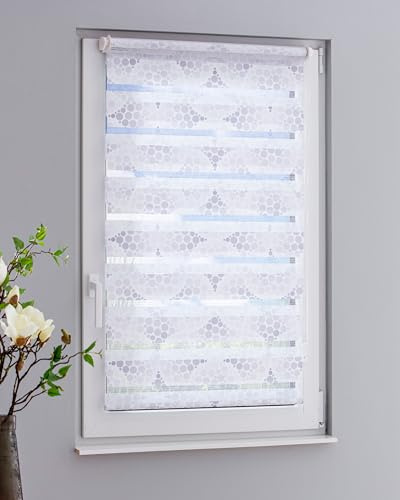 DECOLIA by Garesa Duo Rollo - Doppelrollo Klemmfix ohne Bohren 80 x 210 cm - Weißer Stoff mit grauen Kreisen, Fenster Sichtschutz und Lichtschutz, Mit Kettenzug