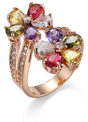 ANAZOZ Bague Femme Plaqué Or Cocktail Fleur Zircone Multicolore Femme Scintillant Rose Taille 54.5