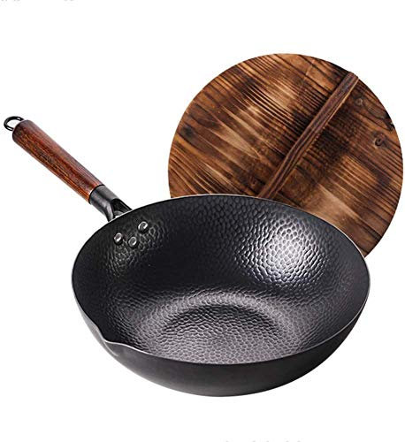 Vinbcorw Wokpfanne + Holzdeckel + Essstäbchen+Bambusbürste +Edelstahlschaufel 304 mit Holzgriff, handgehämmerte Wok Pfanne aus Karbonstahl mit Holzgriff,passt für alle Herde,A