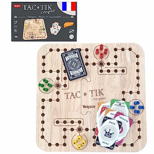 YOOJEUX® TAC-TIK Das Original – 2 bis 4 Spieler – inklusive Spielkarten im Tock – Brettspiel – Massivholzplatte – hergestellt in Frankreich – ab 7 Jahren – für die ganze Familie
