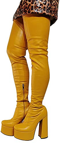 YUHAI Donne Sexy Ginocchio Stivali Alti da Donna Round Toe Chunky Platform High Heel Party Shoes Shoes,Yellow-43