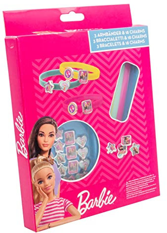 Joy Toy 22782 Barbie 3 Plastikarmbänder mit 18 Charms zum Anmachen, Unisex-Kinder, Mehrfarbig