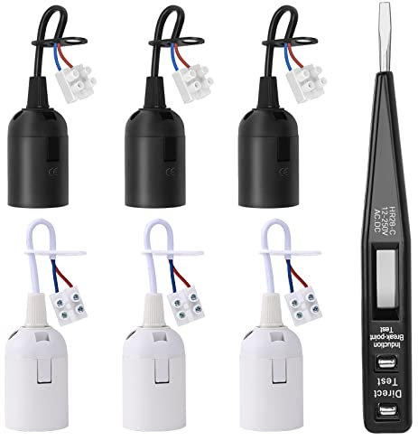 6 Pièces Douille de lampe E27, Support d'ampoule E27 avec câble, Douille E27 avec Testeur de Phase, Base de Lumière Douille de Suspension, Douille de Bâtiment, Douille de Rénovation (Noir+Blanc)