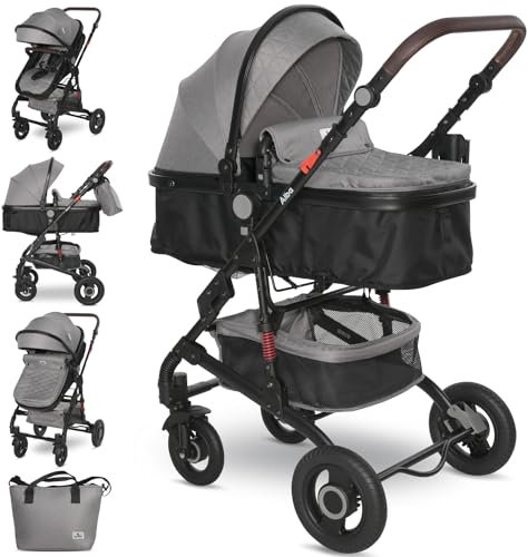 Lorelli Kinderwagen Alba 2 in 1 mit Liegeposition, Baby Buggy klein zusammenklappbar, faltbarer Liegebuggy umwandelbar in Sportsitz bis 15kg, Reisebuggy, große Gummireifen, Federung, grau/schwarz