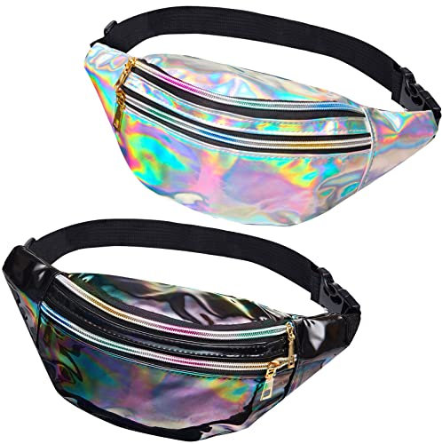 Tczecoo 2 Stück Bauchtasche Damen,3 Fächer Wasserdicht Gürteltasche,Bauchtasche Festival Glitzer,Gürteltasche Metallic,Bauchtasche Mode,Verstellbarer Gurt Hüfttasche (Silber+Schwarz)