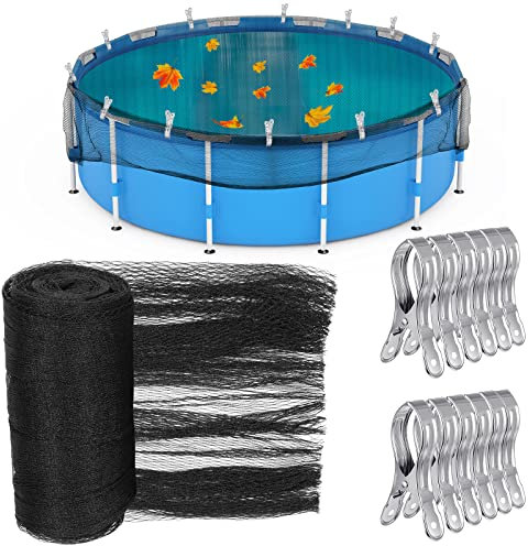 Therwen Pool-Laubnetz-Abdeckung für oberirdische Pool-Winter-Netzabdeckung mit 12 Stück Schwimmbadabdeckungsclips für oberirdischen Pool, hält Blätter von Ihrem Pool fern, Schwarz (passend für 30,6