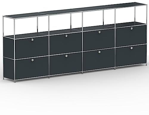 SYSTEM8X Highboard 03524 Anthrazitgrau 302x40x118cm - Modernes Chrom Design mit 4 offenen Fächern und 8 Klappen, Stellfüße - Für Wohnzimmer, Büro, Praxis