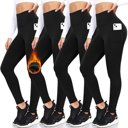 FULLSOFT 4 Pack Fleece Lined Leggings with Pockets for Women High Waisted Thermal Winter Warm Yoga Pants for Workout Running Plus Size(Black,Black,Black,Black(4 Pack),Large-X-Large)