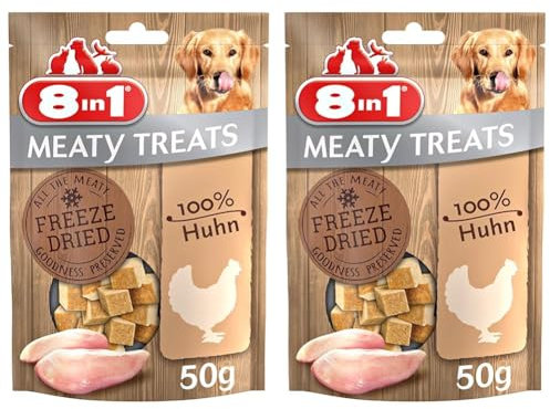 8in1 Meaty Treats, gefriergetrocknete Hunde Leckerlis aus Huhn, 100% Fleisch, getreidefrei und ohne Zucker, 50g (2er Pack)
