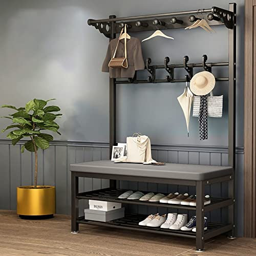 Porte-manteau en métal sur pied avec banc à chaussures, porte-manteau industriel moderne avec 11 crochets et étagère à chaussures à 2 niveaux, arbre d'entrée 4 en 1 pour couloir facile à as